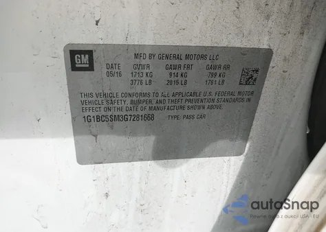 2016 Chevrolet Cruze Ls Auto из США, поврежденный, VIN 1G1BC5SM3G7281668